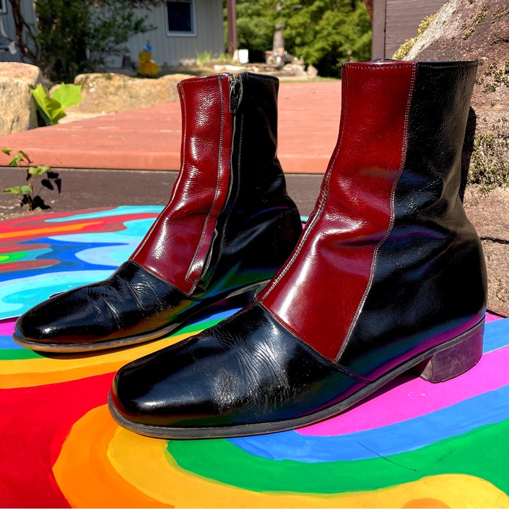 60s mod black red patent leather heeled ankle boots